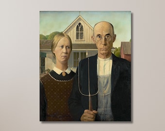 May include: A painting of a man and woman standing in front of a house. The man is holding a pitchfork and the woman is wearing a brown dress. The house is white with a brown roof.