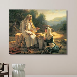 Living Water 2018, Simon Dewey, Jesus and Samaritan Woman Art, Holy Bible, Jesus Christ Poster, Christian Art | Canvas Wall Art Home Decor