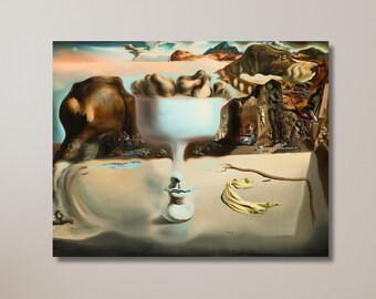 サルバドール・ダリ「ビーチに浮かぶ顔とフルーツ皿の幻影」キャンバス