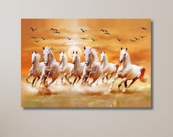 Seven Lucky Running Horses, Birds Flying Canvas, Vastu Shastra Decor, Running Horses in Sunrise, Painting Art | Canvas Wall Art Home Decor