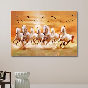 Sieben glückliche laufende Pferde, fliegende Vögel, Leinwand, Vastu Shastra Decor, laufende Pferde im Sonnenaufgang, Malerei Kunst | Leinwand Wand Kunst Home Decor
