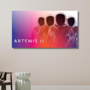 May include: A colorful abstract background with four astronauts in white helmets and orange spacesuits. The text "ARTEMIS II" is in white letters at the bottom of the image.