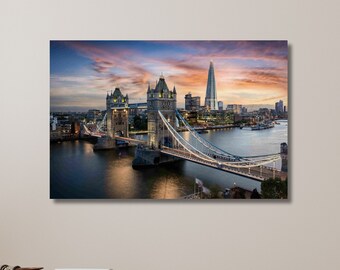 Tower Bridge Poster, Evening in London, Thames River Canvas Photo, London City Poster, Landscape from London | Canvas Wall Art Home Decor