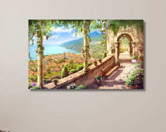 Mediterranean Sea View, Sicily Terrace Painting, Italy Countryside Poster, Sicily Landscape Watercolor Print | Canvas Wall Art Home Decor