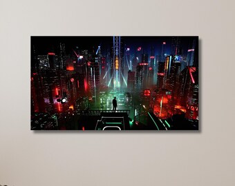 Arte mural neofuturista, póster de ciudad ciberpunk, póster de juego, ciudad de neón, impresión artística de alta calidad, regalo para gamers/arte mural en lienzo para decoración del hogar