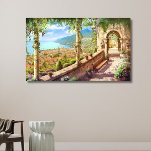 Mediterranean Sea View, Sicily Terrace Painting, Italy Countryside Poster, Sicily Landscape Watercolor Print | Canvas Wall Art Home Decor