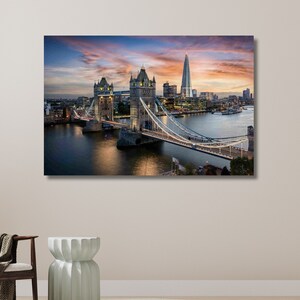 Tower Bridge Poster, Evening in London, Thames River Canvas Photo, London City Poster, Landscape from London | Canvas Wall Art Home Decor