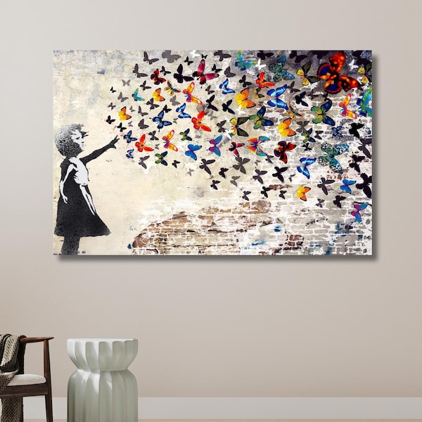 Mariposas coloridas voladoras, Banksy, Chica mariposa, Niña pequeña, Arte callejero, Arte Banksy, Graffiti colorido / Lienzo Arte de la pared Decoración para el hogar