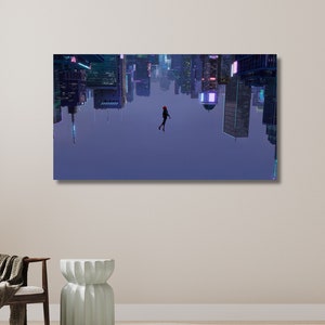 May include: A digital art print of a person in a red and black suit, hanging upside down in the air, with a city skyline reflected in the water below. The city is lit up with neon lights and the sky is a dark purple.