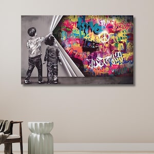 Achter het gordijn, onthullende kinderen, Banksy Street Wall Art, Love Hope Justice abstract, kleurrijke graffiti | Canvas muurkunst woondecoratie