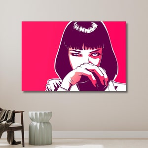 Pulp Fiction Mia Wallace,-Movies Art Canvas, Pulp Fiction Movie Poster, Pink Vibrant Illustration, Uma Thurman | Canvas Wall Art Home Decor