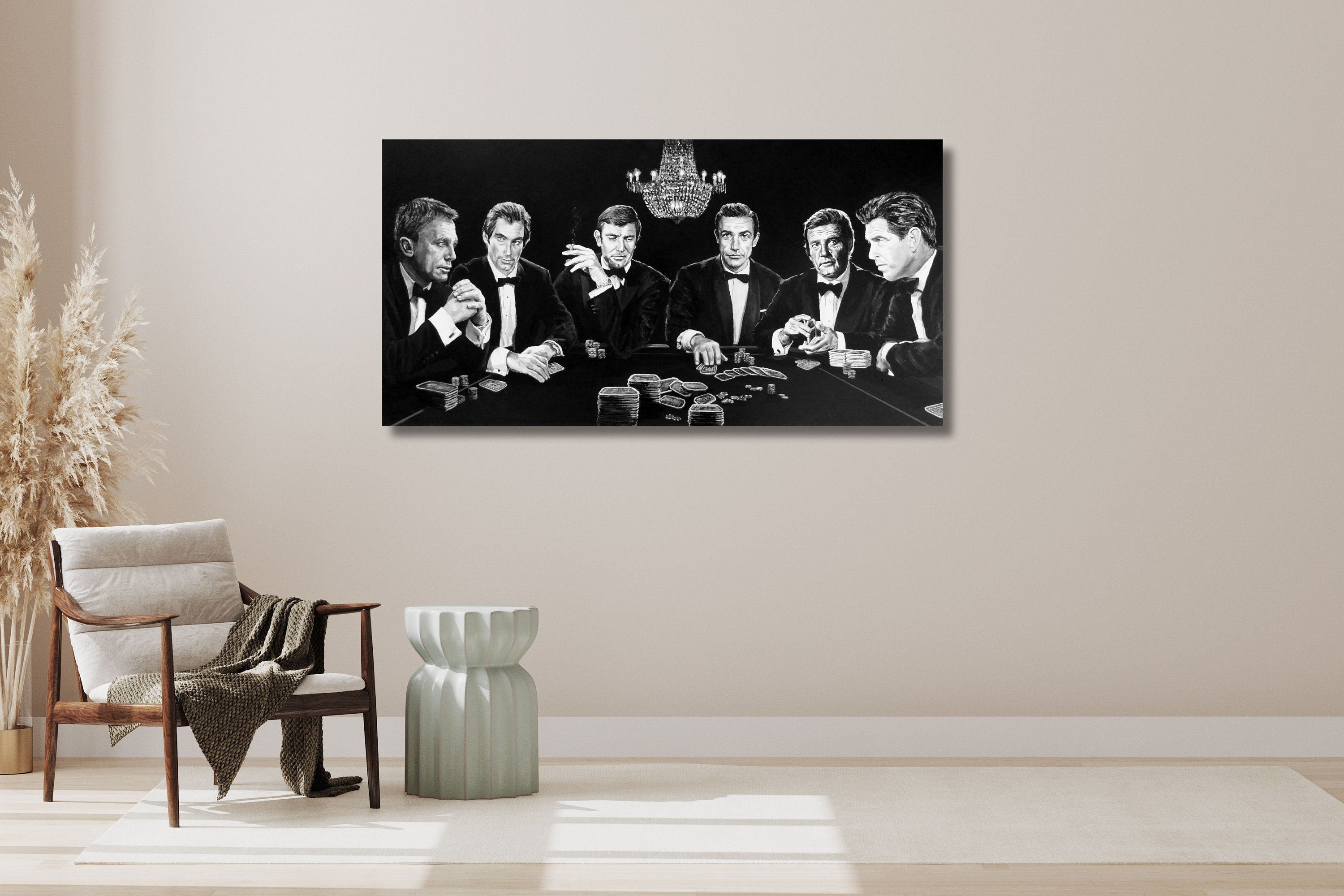 All J Bonds at Poker Art, Sean Connery, Roger Moore, Timothy Dalton, Pierce Brosnan, Daniel Craig, Movie Poster | Canvas Wall Art Home Decor