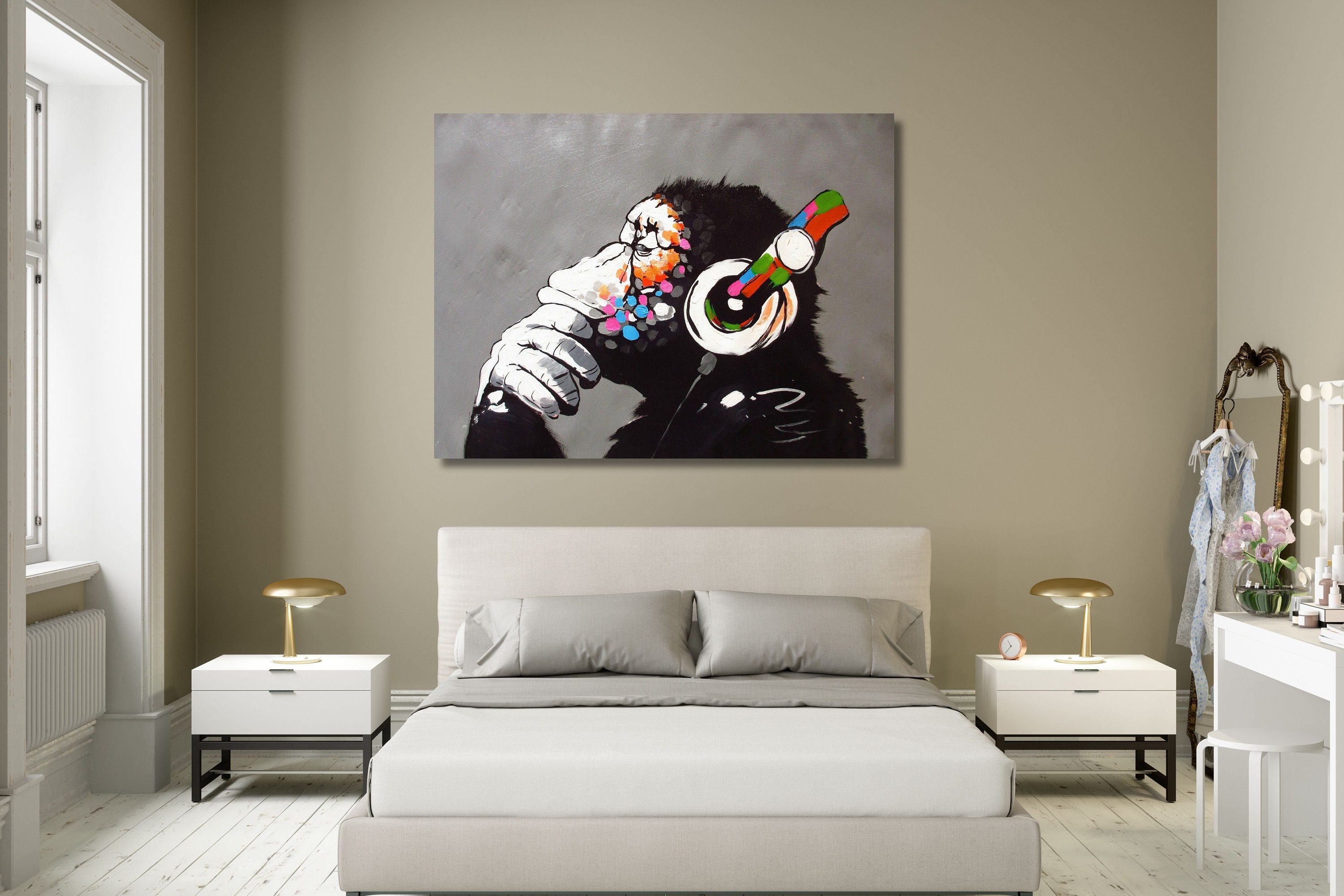 Bold Monkey DJ Banksy Colorful Swirl Canvas Wall Art Print – Large 47x32 Inch Street Art Gorilla Decor