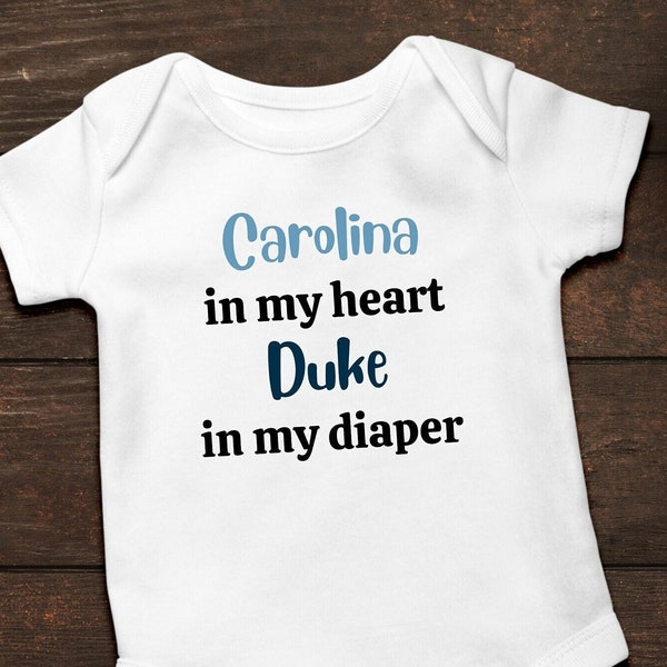 UNC Baby Outfit, UNC Carolina Tarheels, Duke Blue Devils, Carolina in my heart, Duke in my diaper, funny baby outfit, baby shower gift
