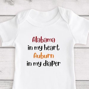 Alabama Baby Outfit, Alabama in my heart, Auburn in my diaper, funny baby outfit, baby girl, baby boy, baby shower, team rival