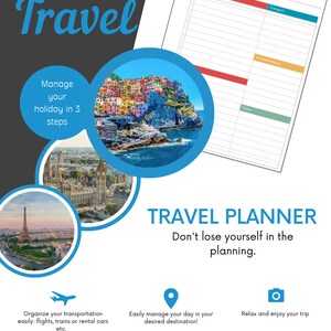 Puede incluir: Un gráfico azul y blanco con el texto "Let's Go Travel" y un planificador de viajes con el texto "Travel Planner" en un cuadro blanco. El gráfico también incluye imágenes de un horizonte urbano, una ciudad costera y la Torre Eiffel.