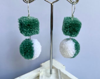 Handmade cute shapes double pom-pom earrings in contemporary design with sterling silver drop earwires - blue & white