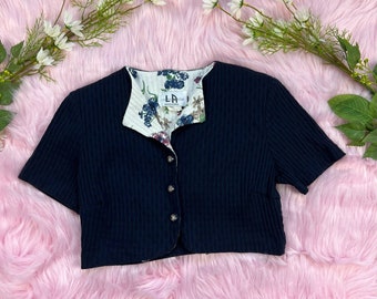 Ultra Crop Navy Blue Sweater Top with Shoulder Pads