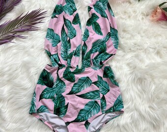 Tropical One Piece Swimsuit with Plunge Top