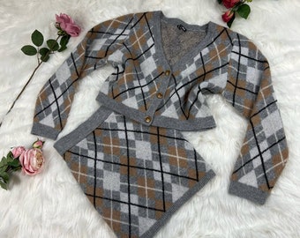 Fuzzy Plaid Skirt and Crop Sweater Set
