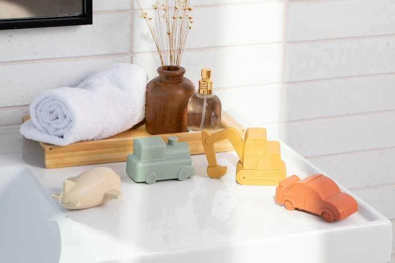 Neutral Vehicle Bath Toys-Mold Free Bath Toys-Toddler Bath Time-Car, Plane, Excavator, Train-Silicone Non Toxic-Bath Toys-Water Toys image 12