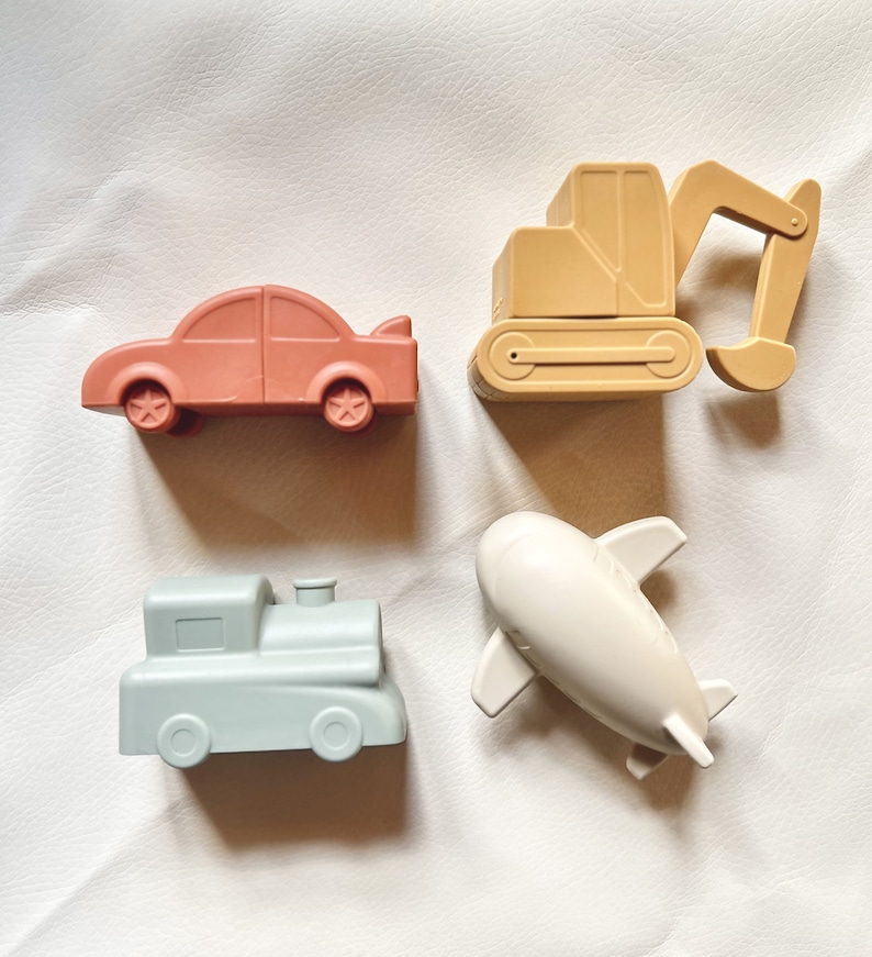 Neutral Vehicle Bath Toys-Mold Free Bath Toys-Toddler Bath Time-Car, Plane, Excavator, Train-Silicone Non Toxic-Bath Toys-Water Toys image 1
