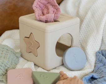Silicone Shape Sorter & Tissue Box Toy with Organic Muslin Cotton Cloths - Baby Toys for Development - Montessori Learning Non-Toxic Toy