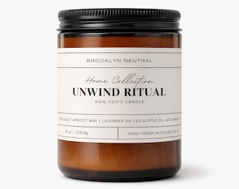 Hand Poured 8 oz Non-Toxic Coconut Apricot Wax Candle 100% Essential Oils: Lavender Bergamot Eucalyptus. UNWIND RITUAL