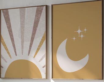 Boho Sun and Moon Print Set: Abstract Celestial Wall Art (Digital Download)