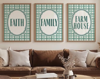 May include: Three rectangular wall art prints in wooden frames, each featuring a green and white gingham background, a central cream-colored oval plaque with a decorative border, and the words FAITH, FAMILY, and FARM HOUSE in dark green text.