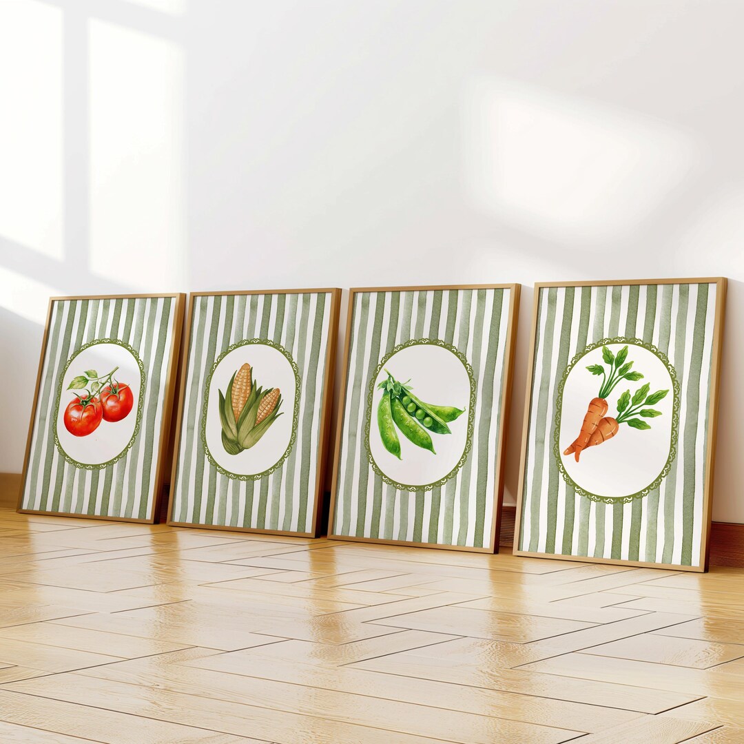 rustic vegetable kitchen prints | 3-piece wall art |... Farmhouse Vegetable Wall Art Set Green Stripe Kitchen Prints Tomato ...