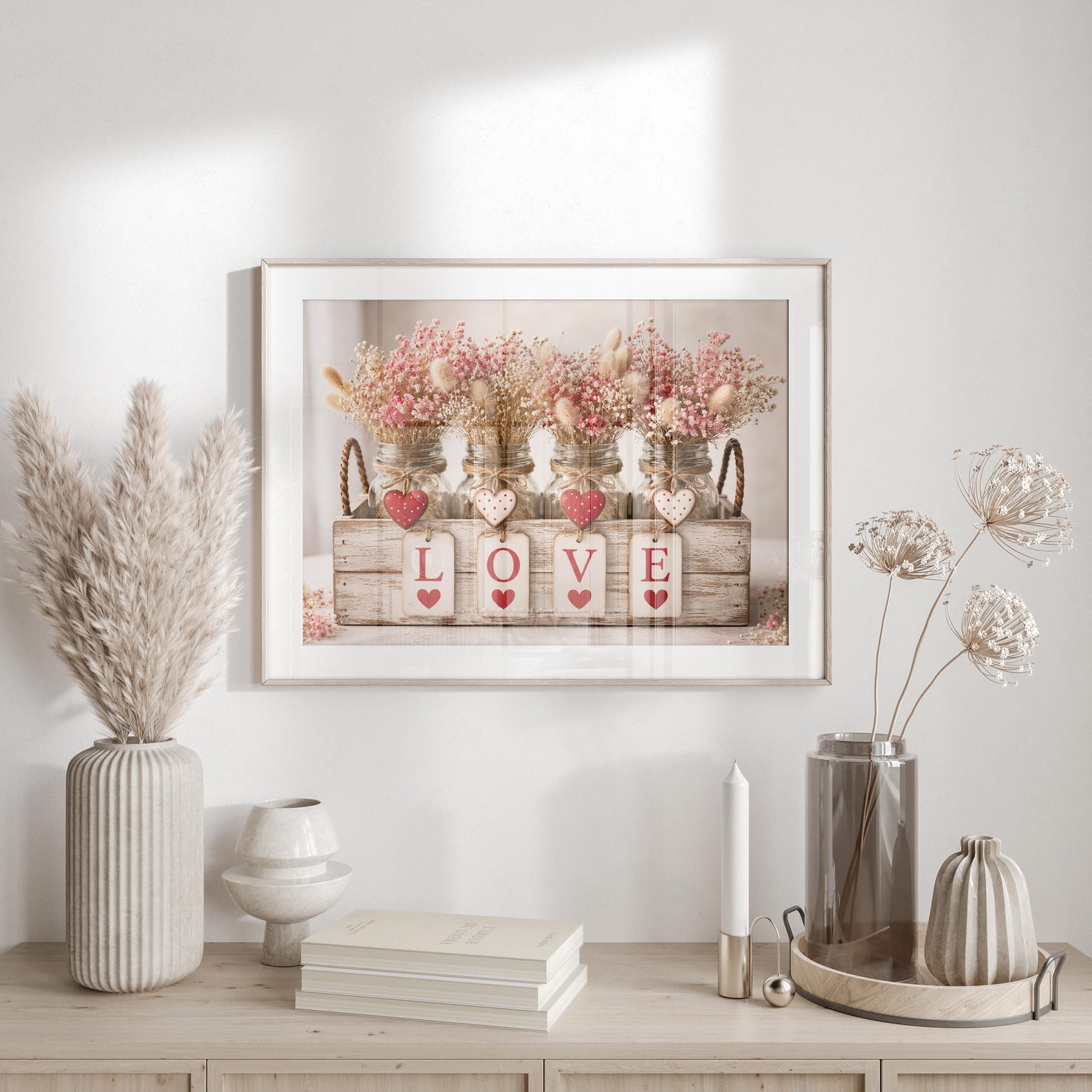 Farmhouse Valentine's Day Print: Mason Jar Flowers, Rustic LOVE Sign
