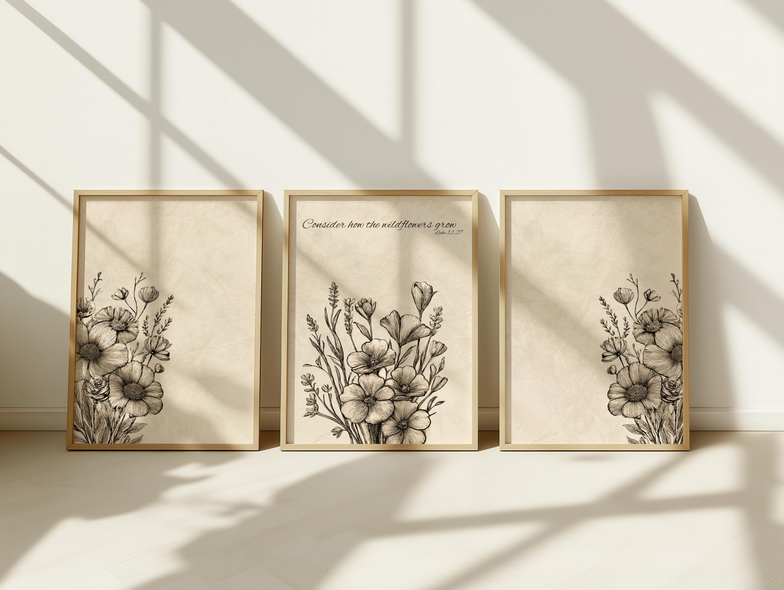Wildflower Scripture Wall Art Set | Neutral Botanical Bible Verse ...
