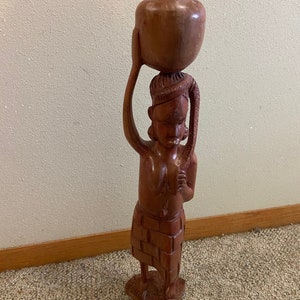 Vintatge Wooden African Statue of Woman with Basket