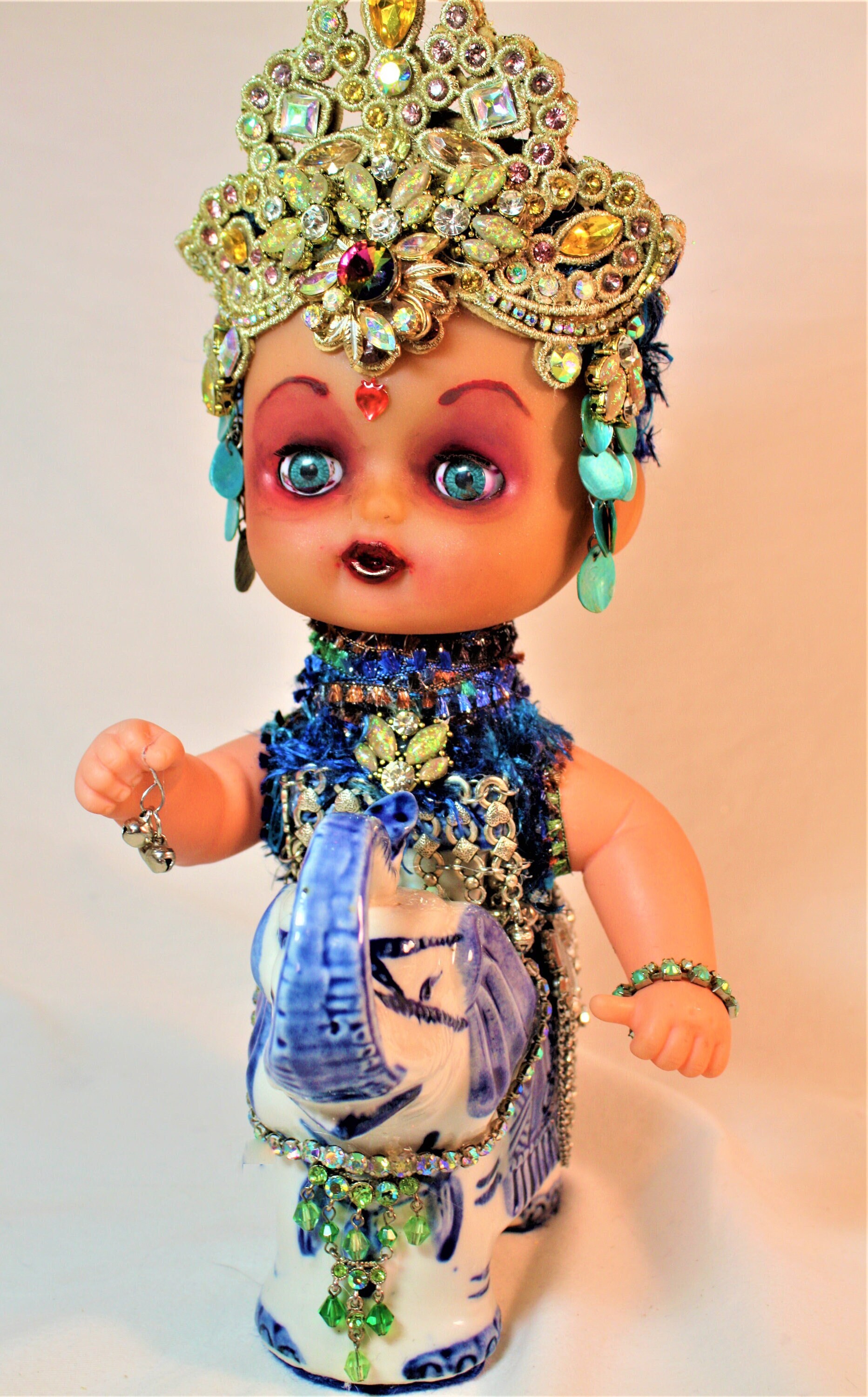 Porcelain Blue and White Elephant, Doll Head Assemblage Art, Found