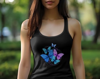 Women's Butterfly Graphic Tank Top, Summer Sleeveless Shirt, Casual Blue and Pink Butterflies