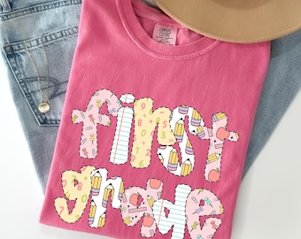 Comfort Colors® First Grade Teacher Shirt, Back to School 1st Grade Tee, Teacher Appreciation Gift, Cute Elementary School, Coquette Bow