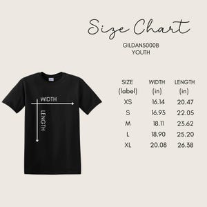 May include: A black Gildan5000B youth t-shirt with a size chart. The chart shows measurements in inches for width and length, ranging from XS to XL. The text "Size Chart" is at the top.