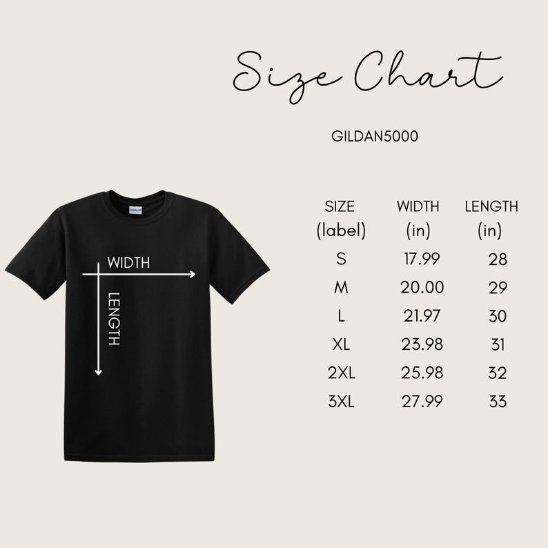 May include: A black t-shirt with a size chart, including width and length measurements in inches. The chart lists sizes S to 3XL, with corresponding measurements for each size. The text "Size Chart" is at the top.