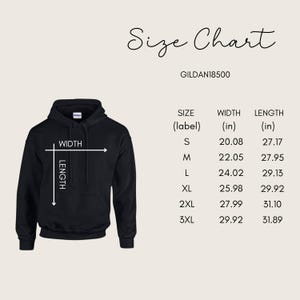 May include: Black hoodie with a size chart. The chart shows measurements for width and length in inches for sizes S through 3XL. The text "Size Chart" is at the top, and "GILDAN18500" is below it.