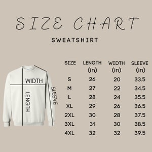 K&ouml;nnte beinhalten: Eine Gr&ouml;&szlig;entabelle f&uuml;r ein Sweatshirt, mit Ma&szlig;en in Zoll. Die Tabelle enth&auml;lt die Gr&ouml;&szlig;en S bis 4XL mit den entsprechenden L&auml;ngen-, Breiten- und &Auml;rmelma&szlig;en. Der Text "SIZE CHART SWEATSHIRT" steht oben.