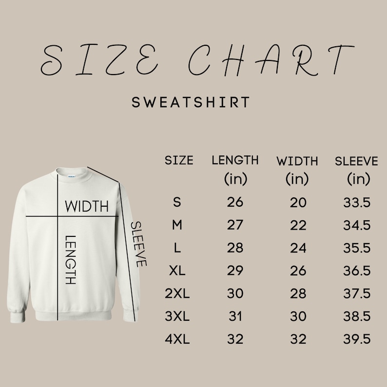 K&ouml;nnte beinhalten: Eine Gr&ouml;&szlig;entabelle f&uuml;r ein Sweatshirt, mit Ma&szlig;en in Zoll. Die Tabelle enth&auml;lt die Gr&ouml;&szlig;en S bis 4XL mit den entsprechenden L&auml;ngen-, Breiten- und &Auml;rmelma&szlig;en. Der Text "SIZE CHART SWEATSHIRT" steht oben.