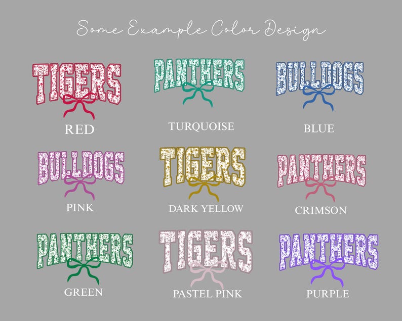 K&ouml;nnte beinhalten: Auf grauem Hintergrund werden verschiedene Teamnamen wie "Tigers", "Panthers" und "Bulldogs" in verschiedenen Farben dargestellt. Jeder Name ist mit einer Schleife und einer Farbbezeichnung versehen, darunter Rot, T&uuml;rkis und Blau.