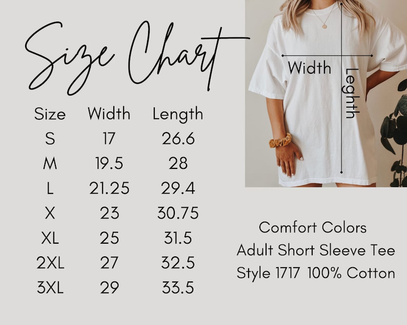 以下が含まれることがあります： サイズ表付きの白い大人用半袖Tシャツ。Sから3XLまでのサイズが記載されており、幅は43.2〜73.7cm、丈は67.6〜85.1cmです。シャツはComfort Colors、スタイル1717、綿100％です。