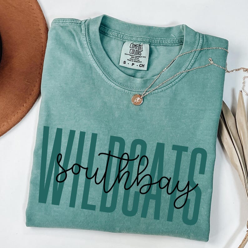 May include: A teal-colored t-shirt with the words "WILDCATS southbay" printed in dark green and black script. The shirt has a crew neck and short sleeves. A silver necklace with a small pendant rests on the shirt.