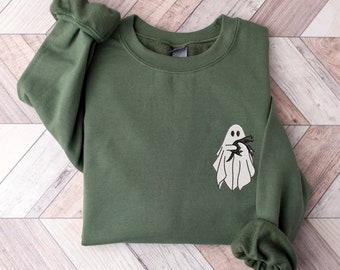 Besticktes Geist Sweatshirt, schwarze Katze Sweatshirt, Herbst Sweatshirt für Frauen, Geist Halloween Crewneck, Spooky Season, Halloween Sweatshirt