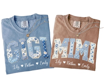 Personalized Grandma Faux Patchwork Shirt with Kids Names, Floral Gigi T-Shirt, Nana Gifts, Mother's Day Shirt, Comfort Color