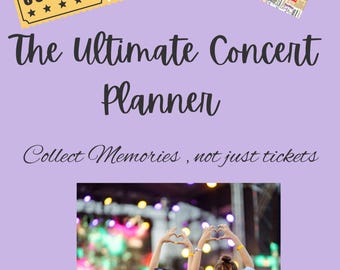 Może przedstawiać: Planer koncertowy z jasnofioletowym tłem. Tekst "The Ultimate Concert Planner" jest wyświetlany kursywą. Obraz zawiera bilet na koncert, kolaż biletów i frazę "Collect Memories, not just tickets."