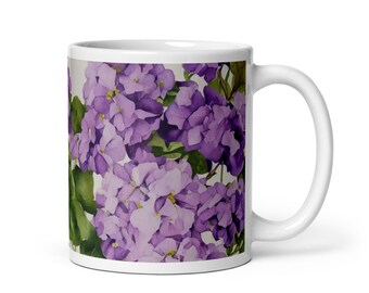 Hydrangeas, Watercolor, Flowers,White Glossy Mug, Floral, Botanical, Purple