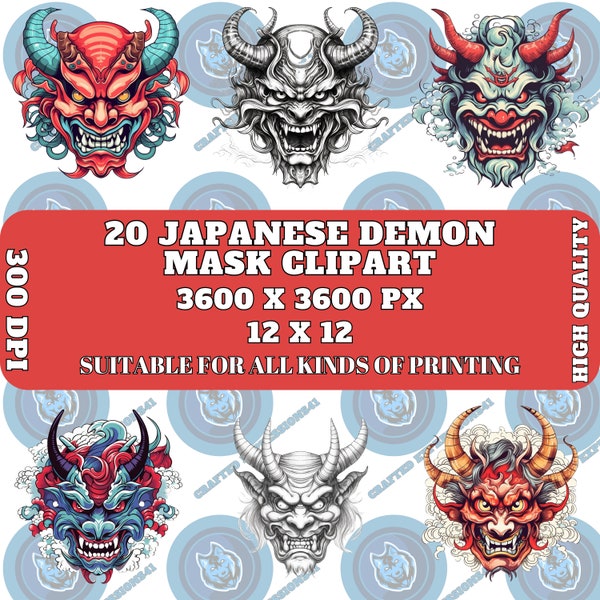 20 Japanese Demon Mask Clipart Bundle - Anime Oni, Hanya, Tengu, Ninja, Kabuto Masks PNG